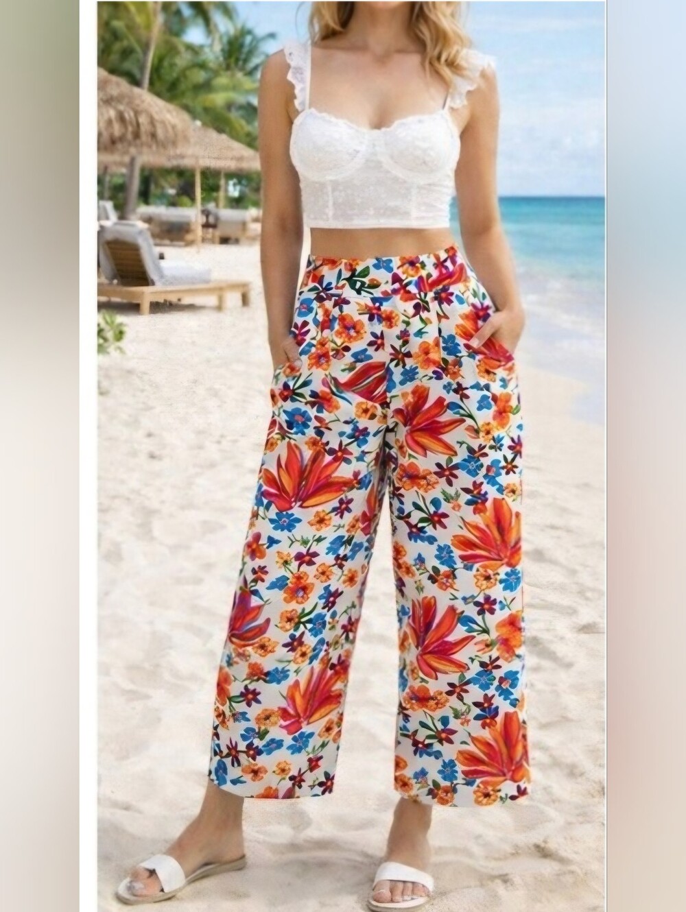 Joie Floral Linen Blend Wide Leg Cropped Pants Size 8 White Multicolor